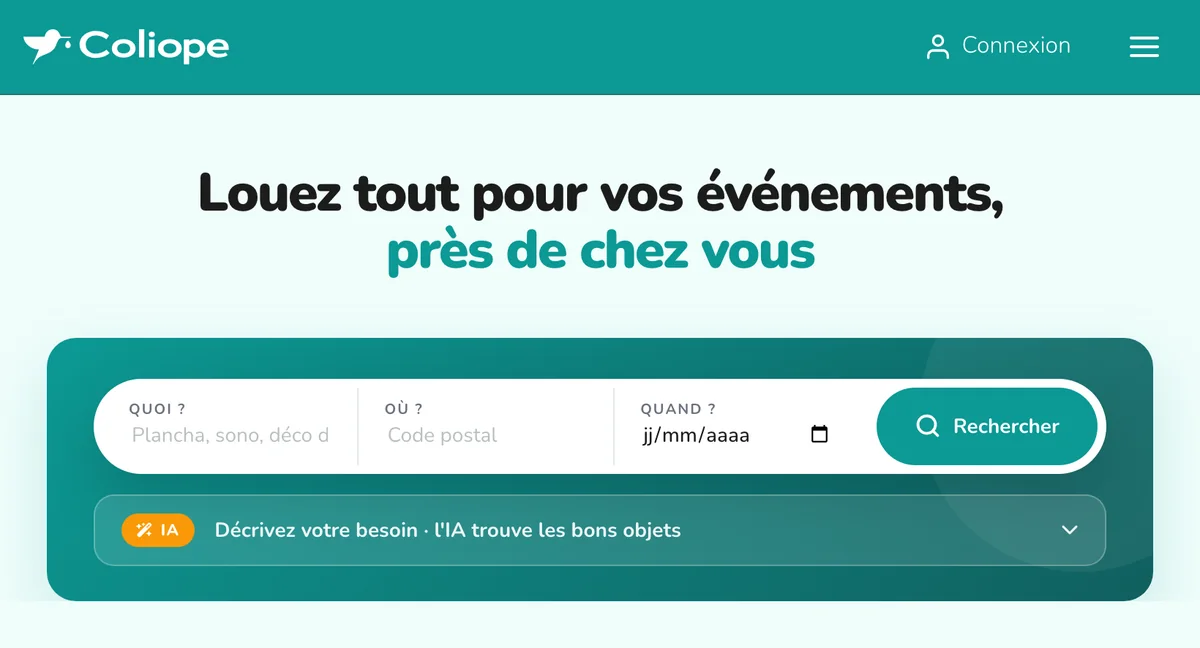 L’accueil de coliope.fr : « Louez tout pour vos événements, près de chez vous » et la recherche Quoi, Où, Quand