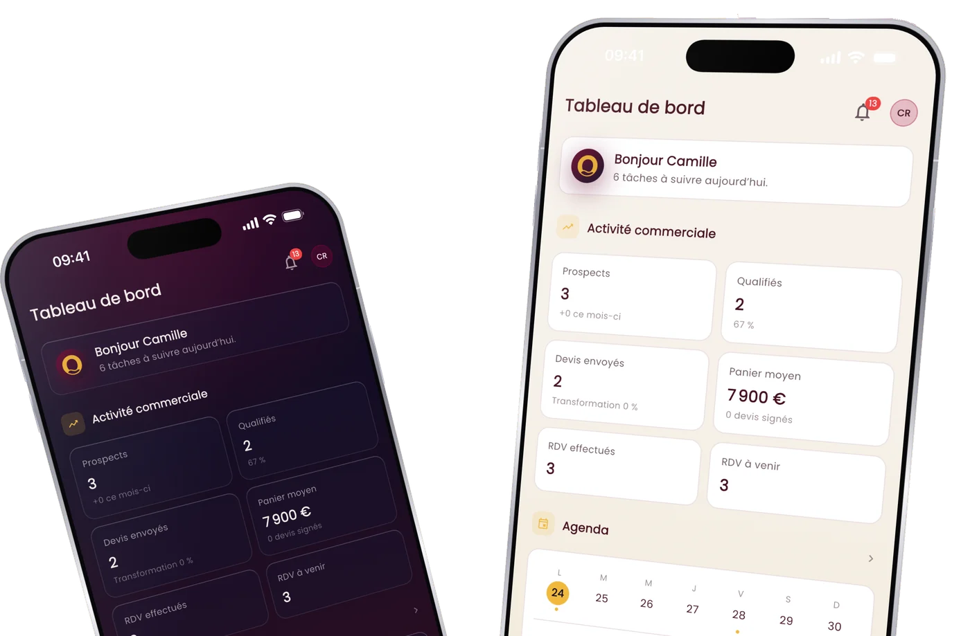 Le tableau de bord de l’application Orizen sur deux iPhone, en thème sombre et en thème clair